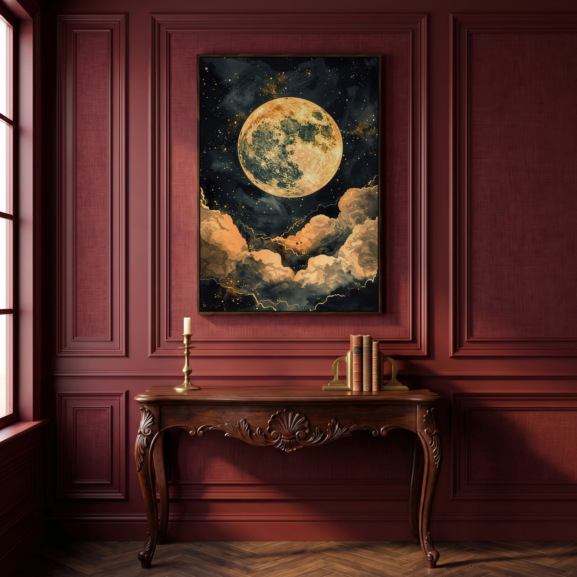 Full Moon and Starry Night Canvas Print in dark walnut floating frame