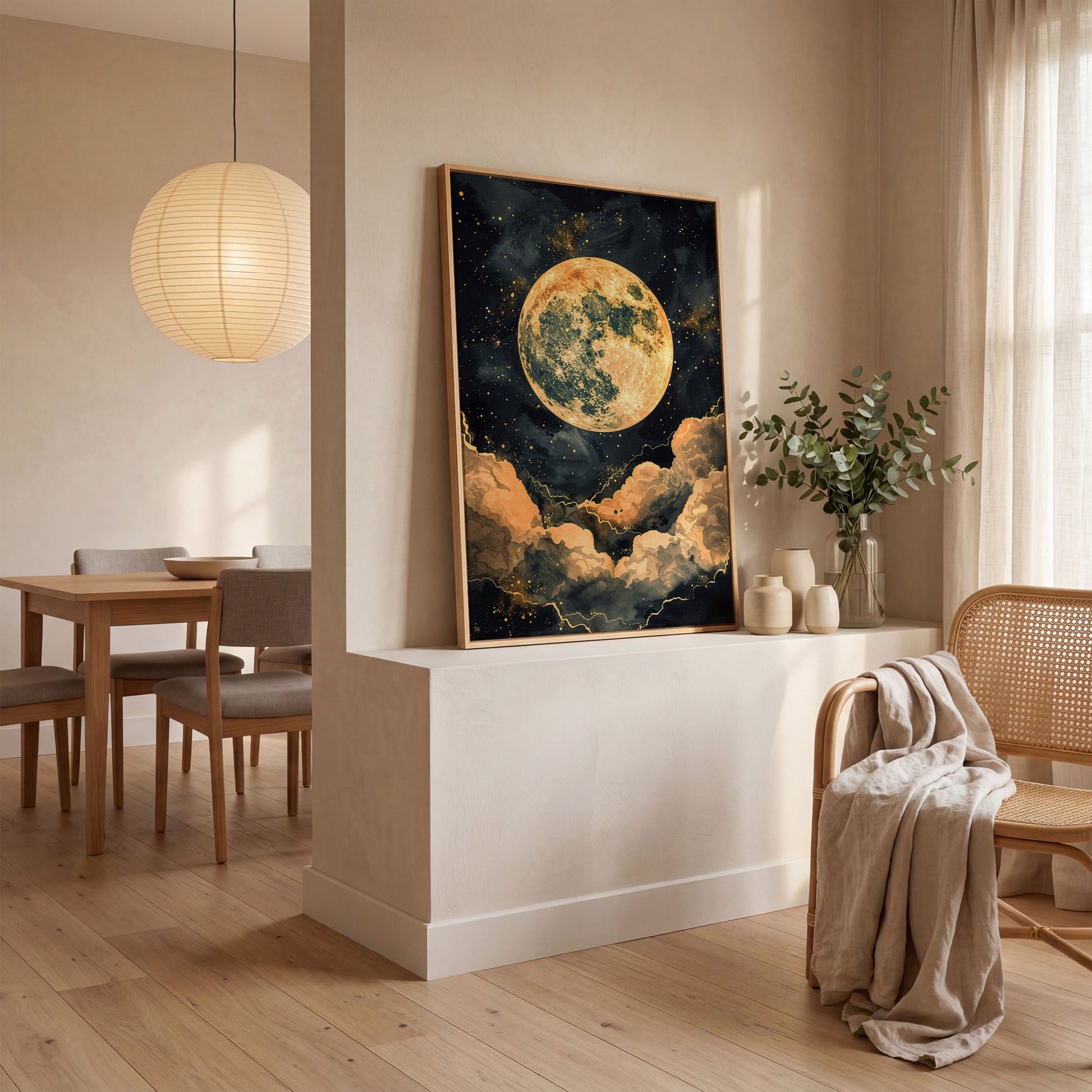 Full Moon and Starry Night Canvas Print in white oak floating frame