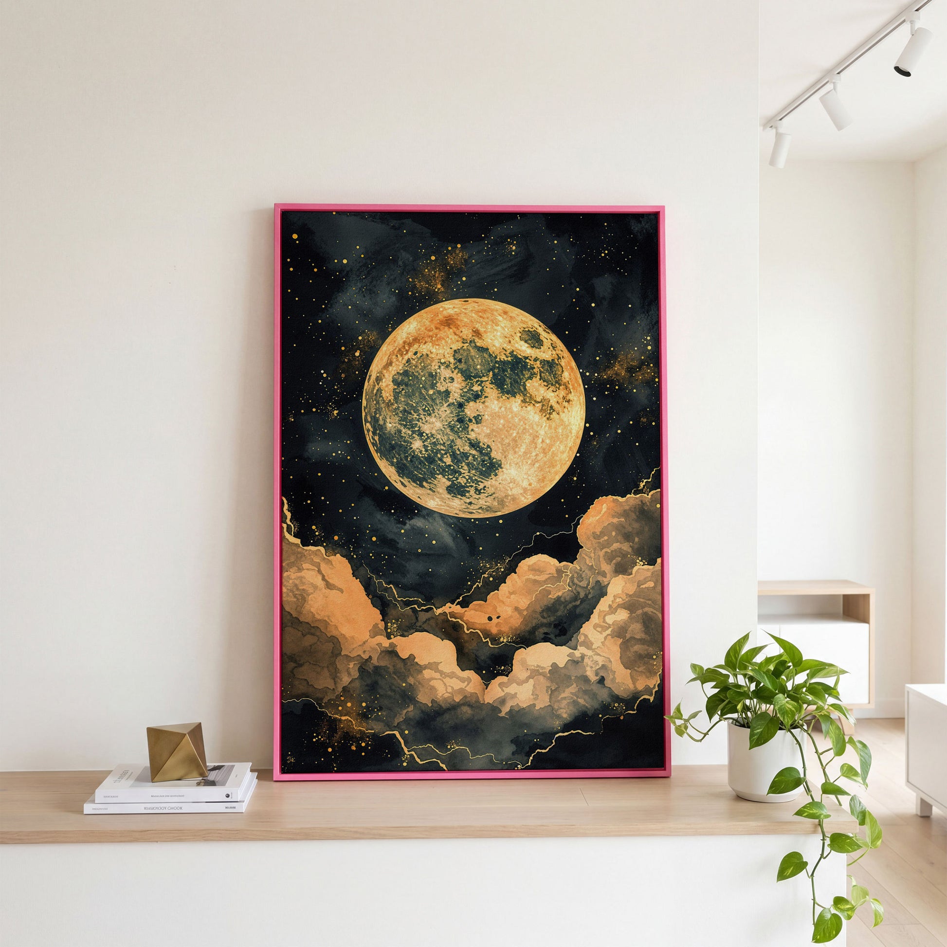 Full Moon and Starry Night Canvas Print in pink floating frame