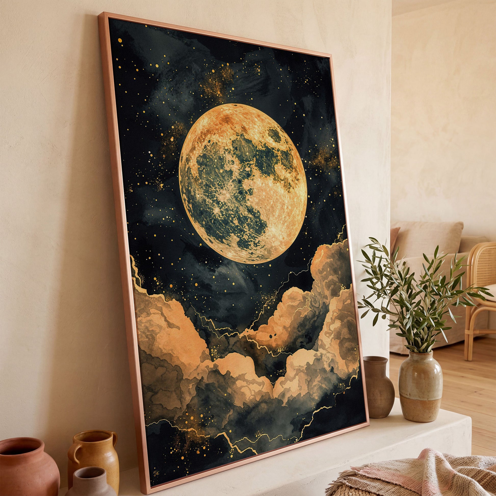 Full Moon and Starry Night Canvas Print in rose gold floating frame