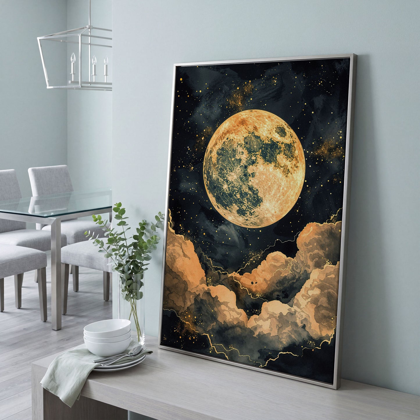 Full Moon and Starry Night Canvas Print in silver floating frame