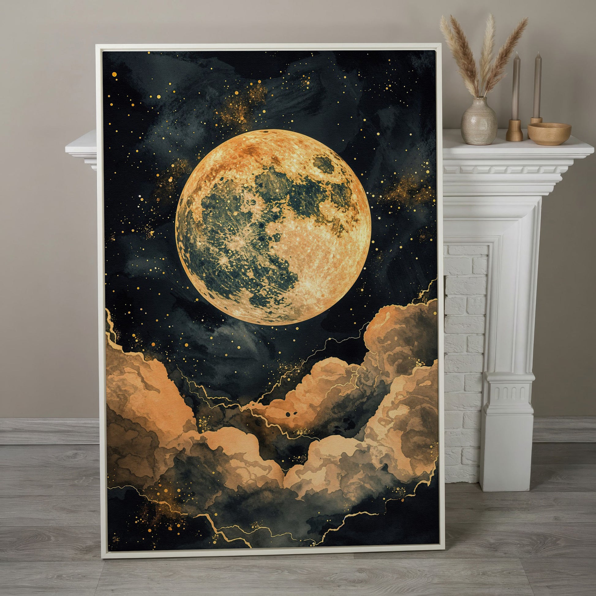Full Moon and Starry Night Canvas Print in white floating frame