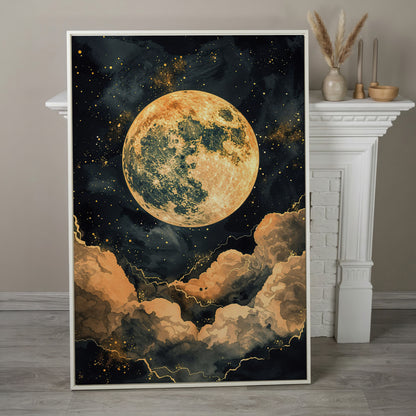 Full Moon and Starry Night Canvas Print in white floating frame