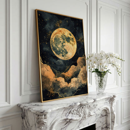 Full Moon and Starry Night Canvas Print in yellow gold floating frame