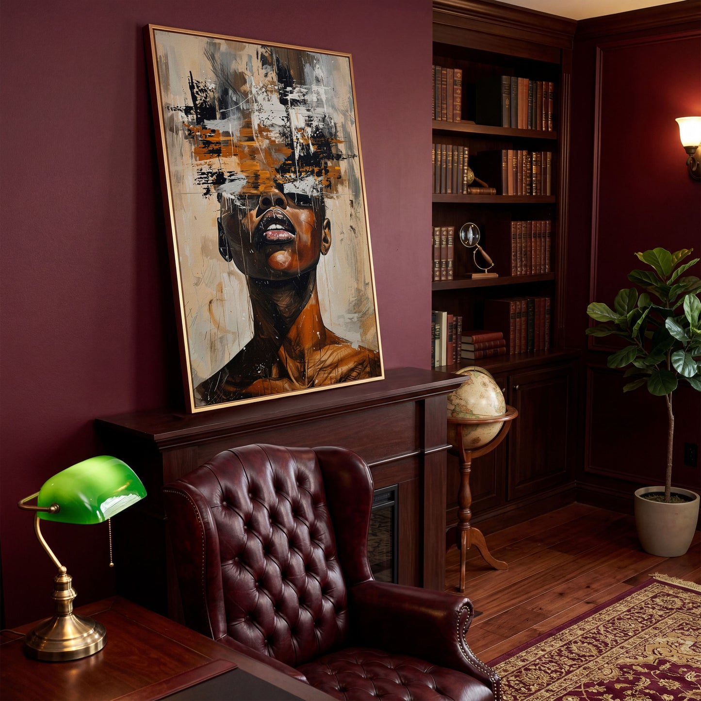 Abstract African Face Canvas Print, Modern Aesthetic in antique gold floating frame