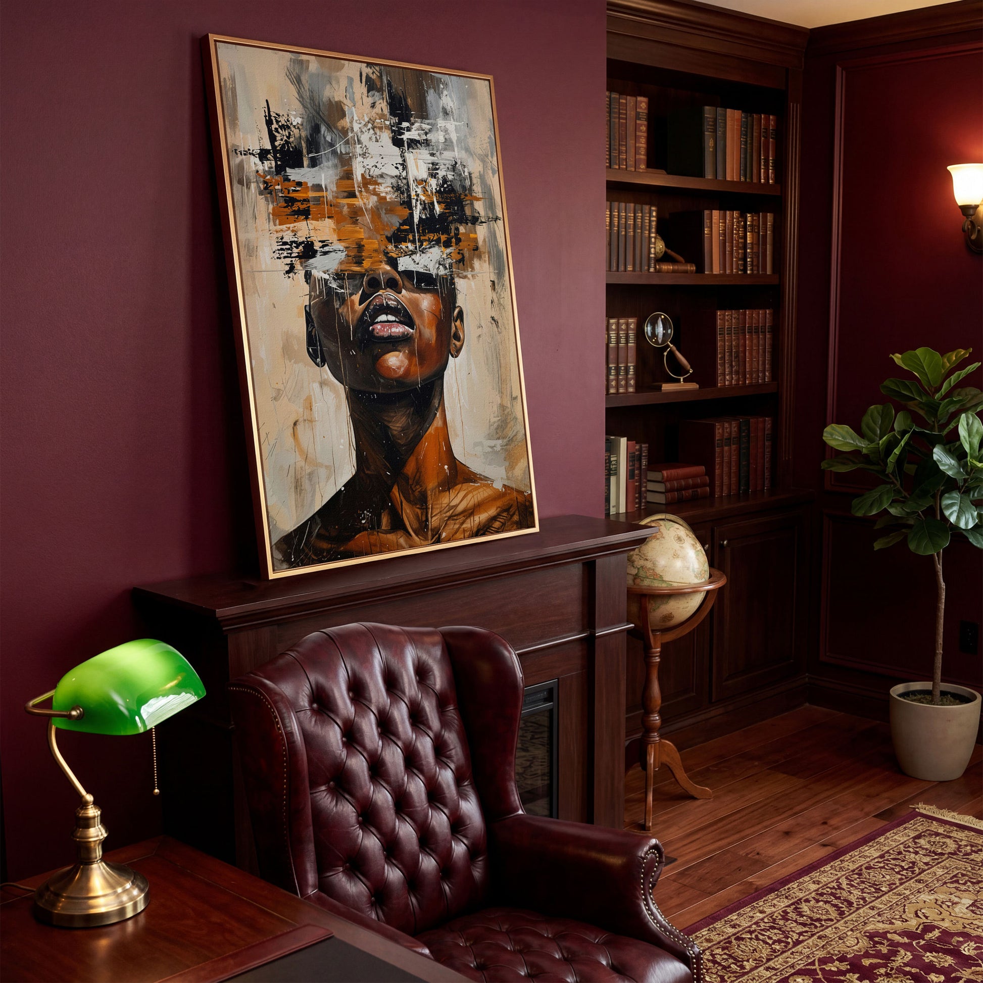 Abstract African Face Canvas Print, Modern Aesthetic in antique gold floating frame