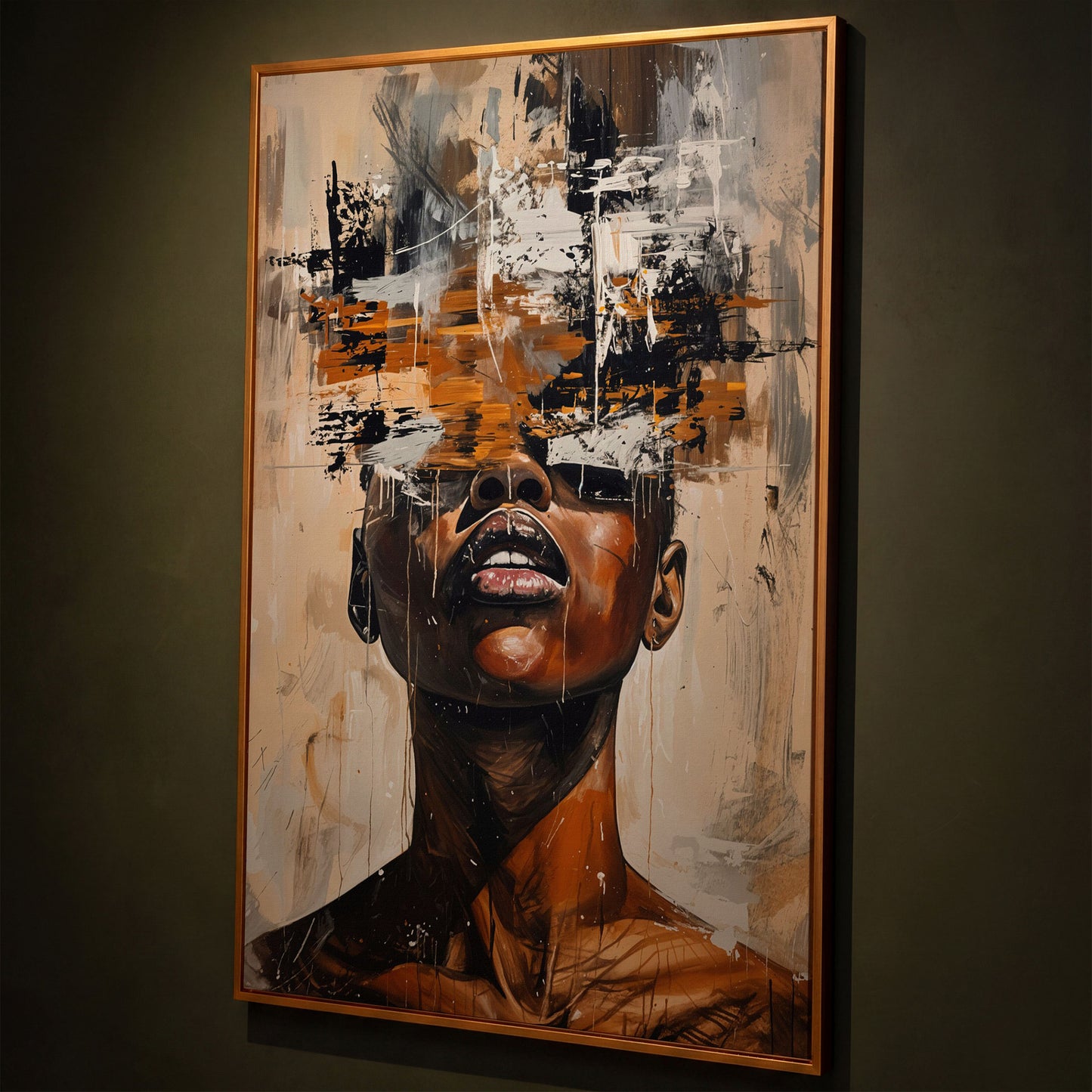 Abstract African Face Canvas Print, Modern Aesthetic shown in antique gold floating frame