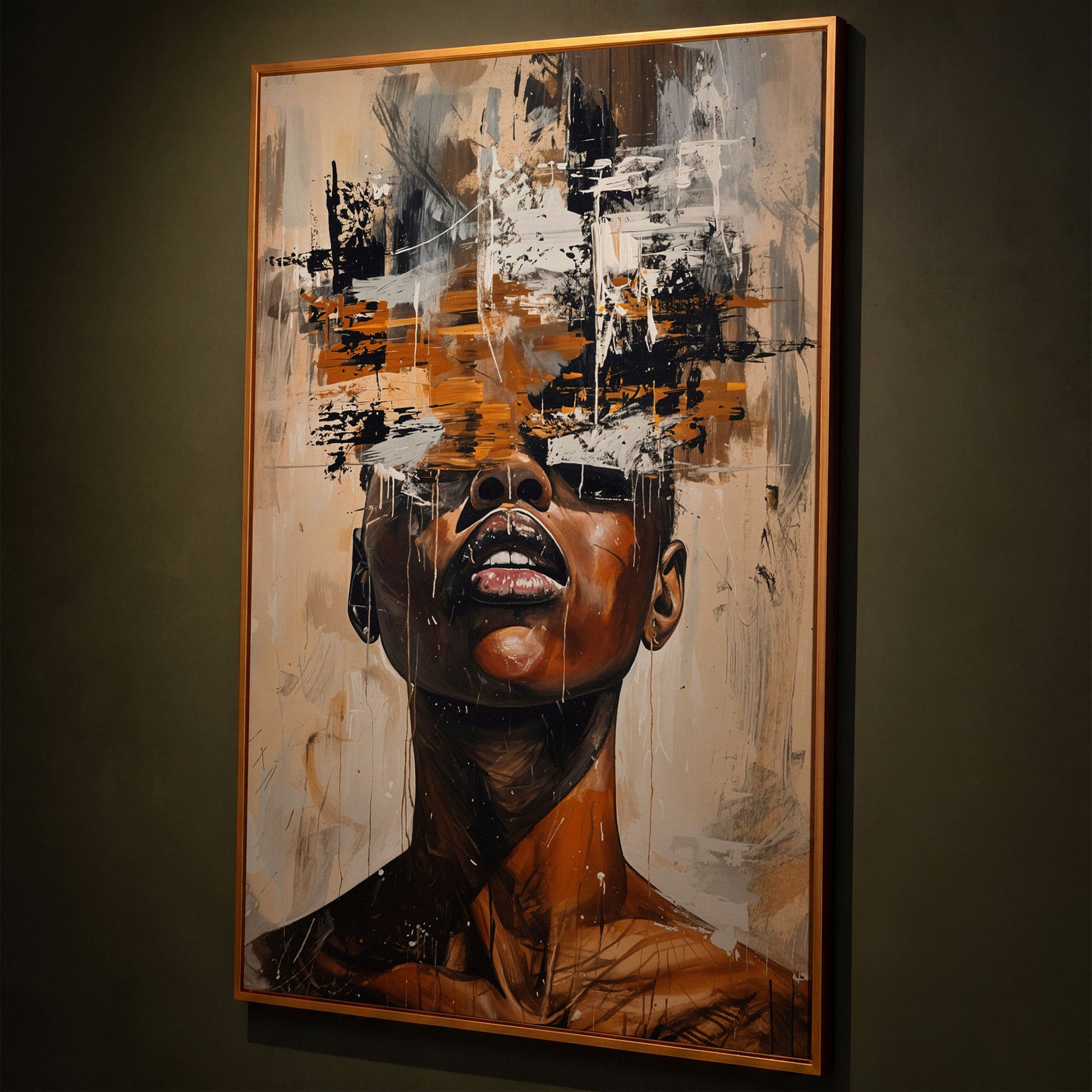 Abstract African Face Canvas Print, Modern Aesthetic shown in antique gold floating frame