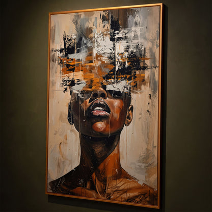 Abstract African Face Canvas Print, Modern Aesthetic shown in antique gold floating frame