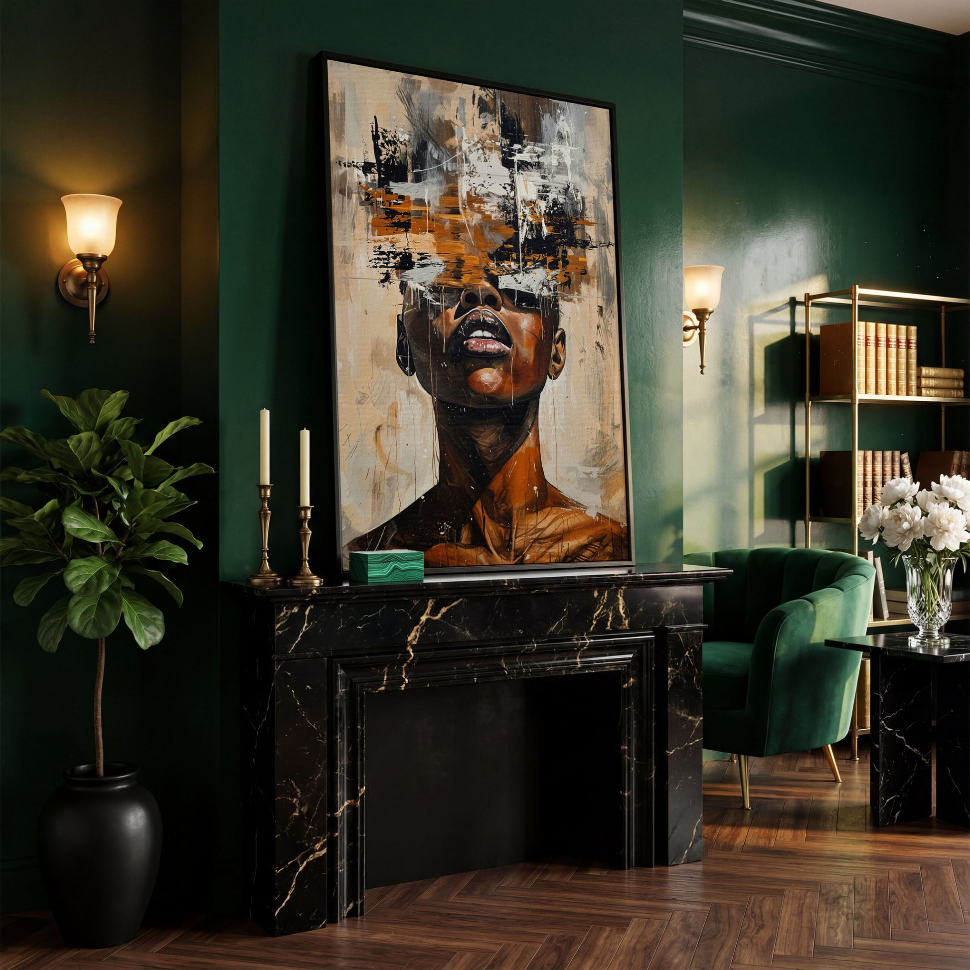 Abstract African Face Canvas Print, Modern Aesthetic in black floating frame