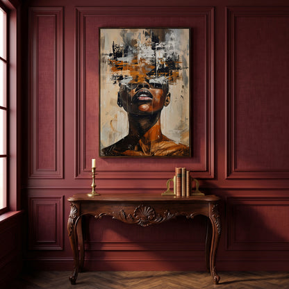 Abstract African Face Canvas Print, Modern Aesthetic in dark walnut floating frame