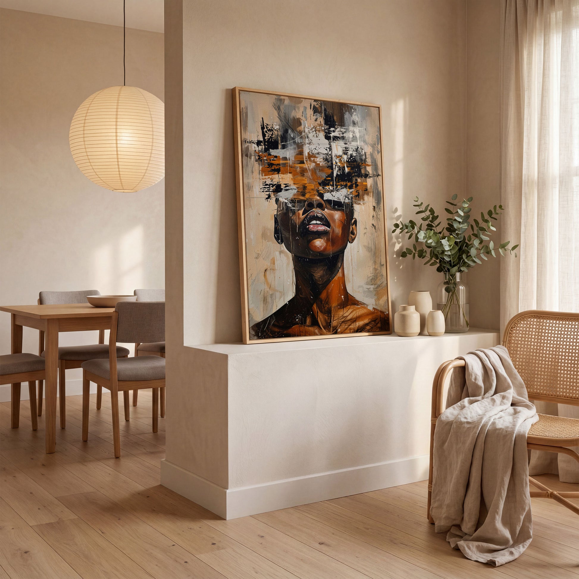 Abstract African Face Canvas Print, Modern Aesthetic in white oak floating frame