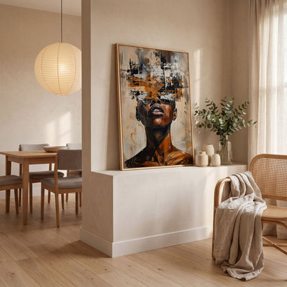 Abstract African Face Canvas Print, Modern Aesthetic in white oak floating frame