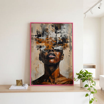 Abstract African Face Canvas Print, Modern Aesthetic in pink floating frame