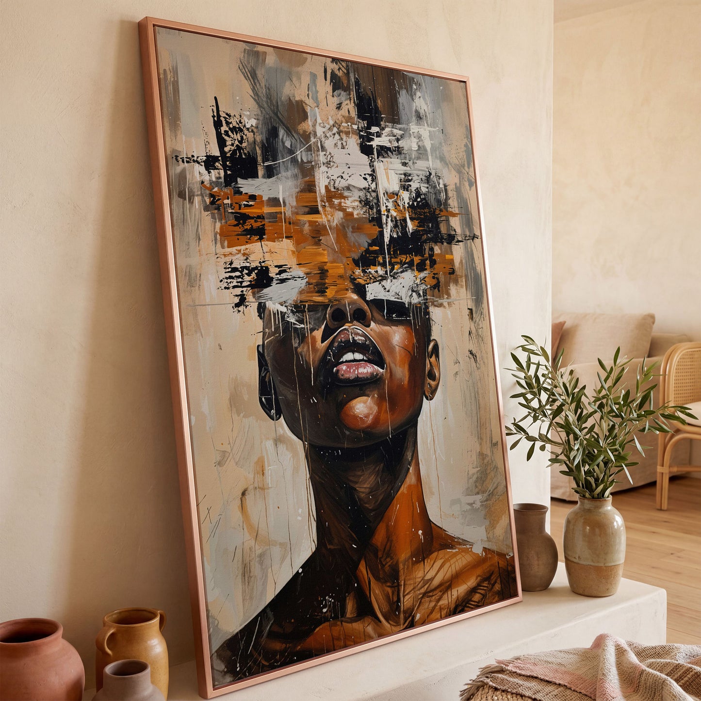 Abstract African Face Canvas Print, Modern Aesthetic in rose gold floating frame