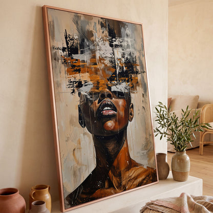 Abstract African Face Canvas Print, Modern Aesthetic in rose gold floating frame