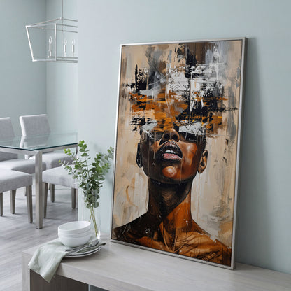 Abstract African Face Canvas Print, Modern Aesthetic in silver floating frame