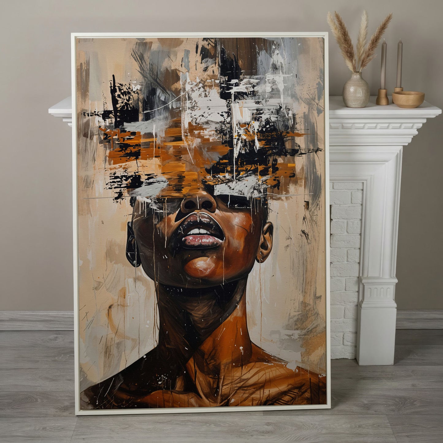 Abstract African Face Canvas Print, Modern Aesthetic in white floating frame