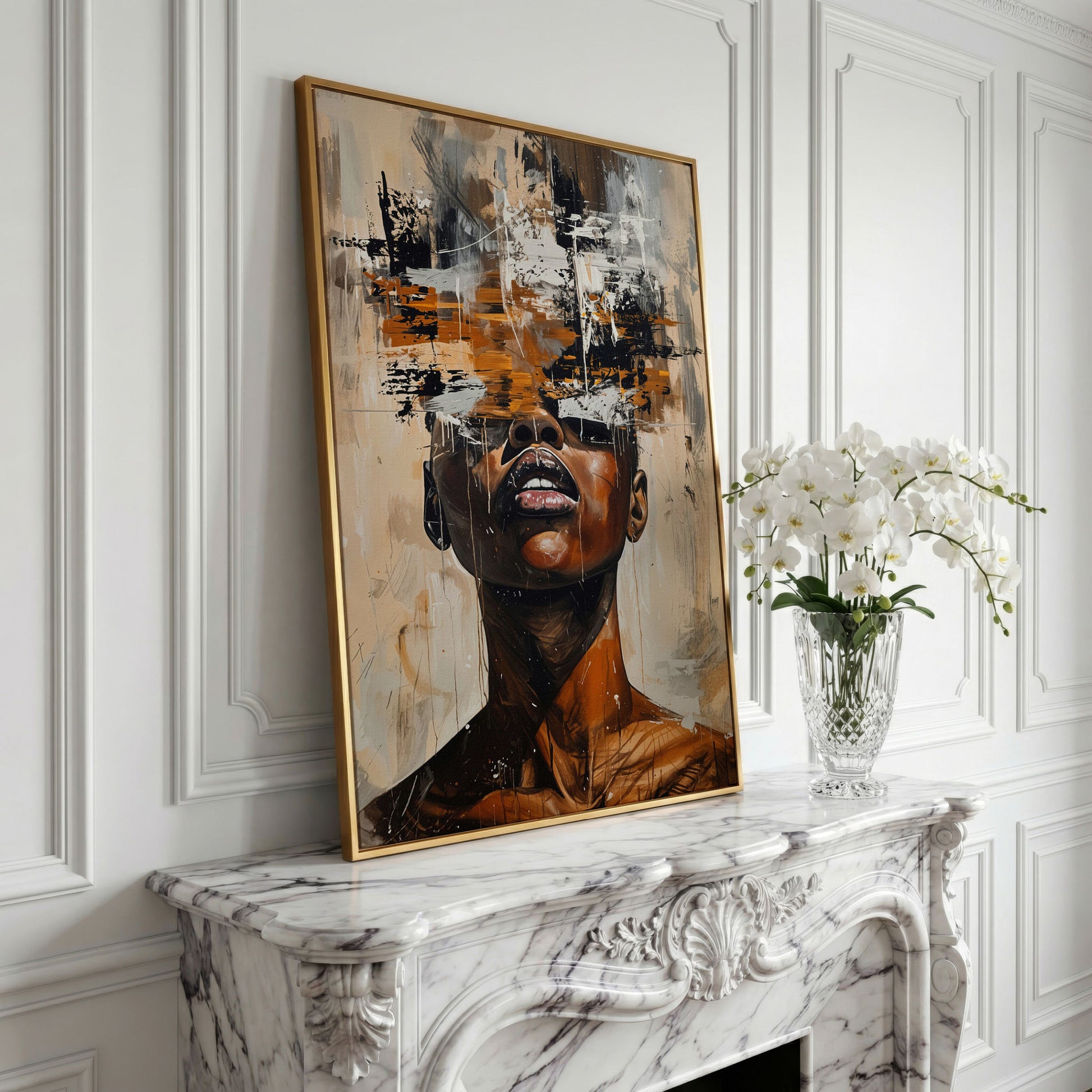 Abstract African Face Canvas Print, Modern Aesthetic in yellow gold floating frame