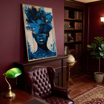 Abstract Female Face Canvas Wall Art, Blue Fluid Figurative Portrait in antique gold floating frame