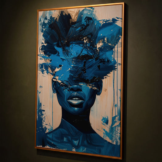 Abstract Female Face Canvas Wall Art, Blue Fluid Figurative Portrait shown in antique gold floating frame