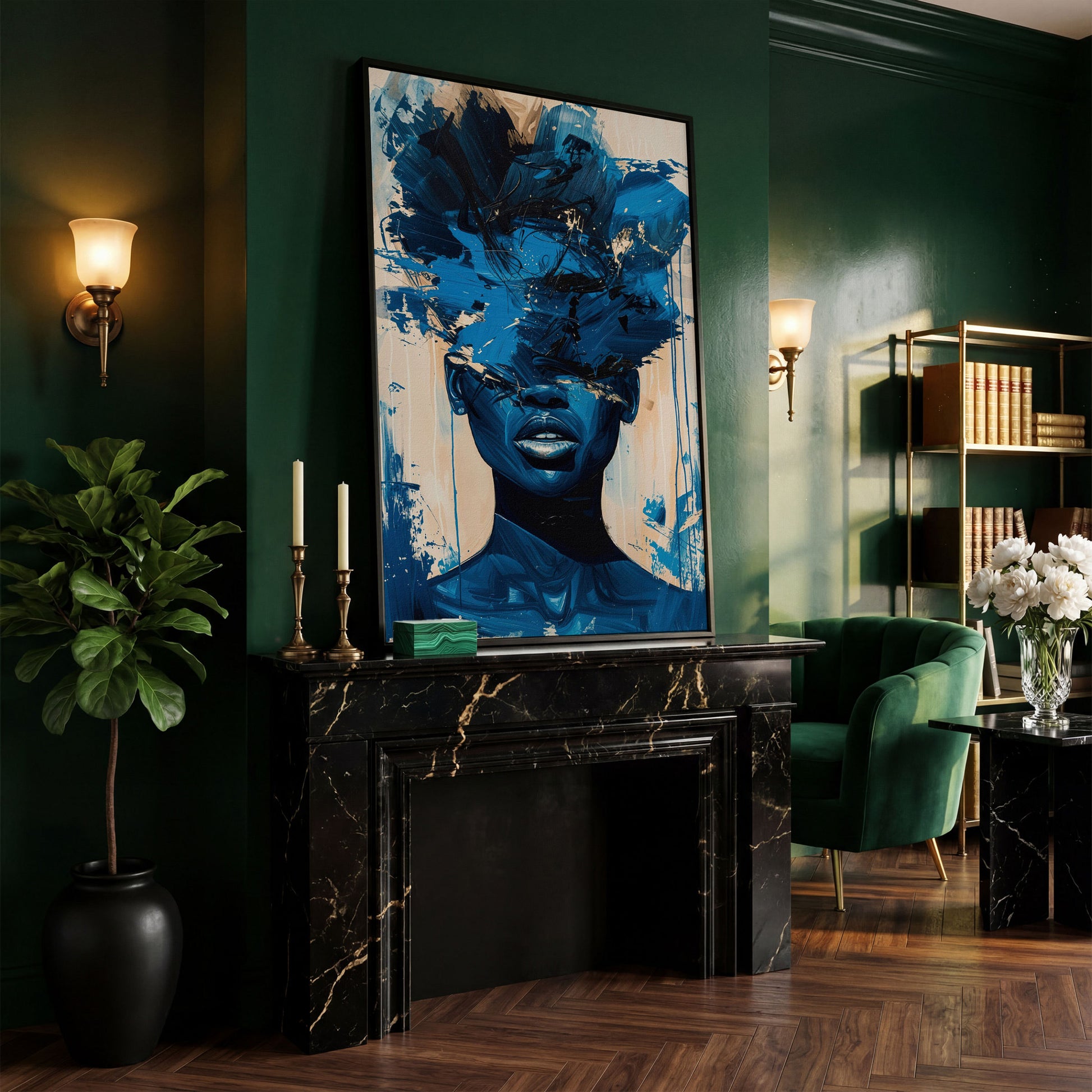 Abstract Female Face Canvas Wall Art, Blue Fluid Figurative Portrait in black floating frame