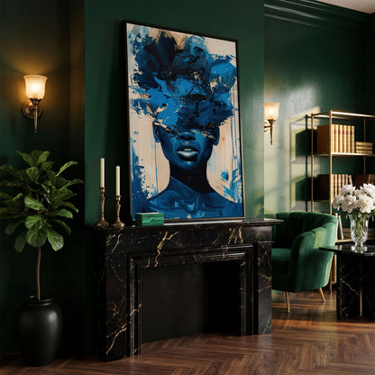 Abstract Female Face Canvas Wall Art, Blue Fluid Figurative Portrait in black floating frame