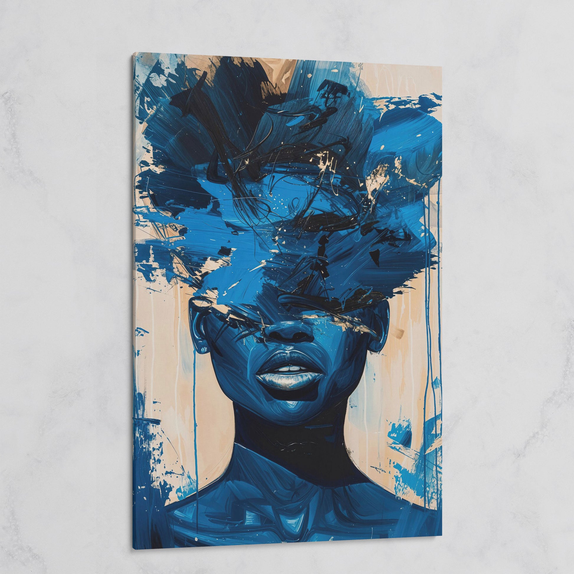 Abstract Female Face Canvas Wall Art, Blue Fluid Figurative Portrait on gallery wrap