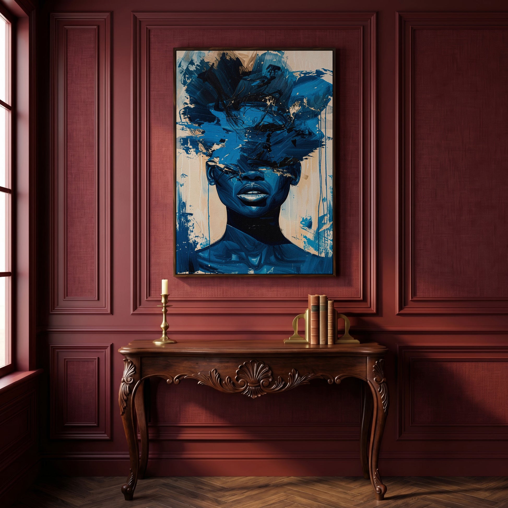 Abstract Female Face Canvas Wall Art, Blue Fluid Figurative Portrait in dark walnut floating frame