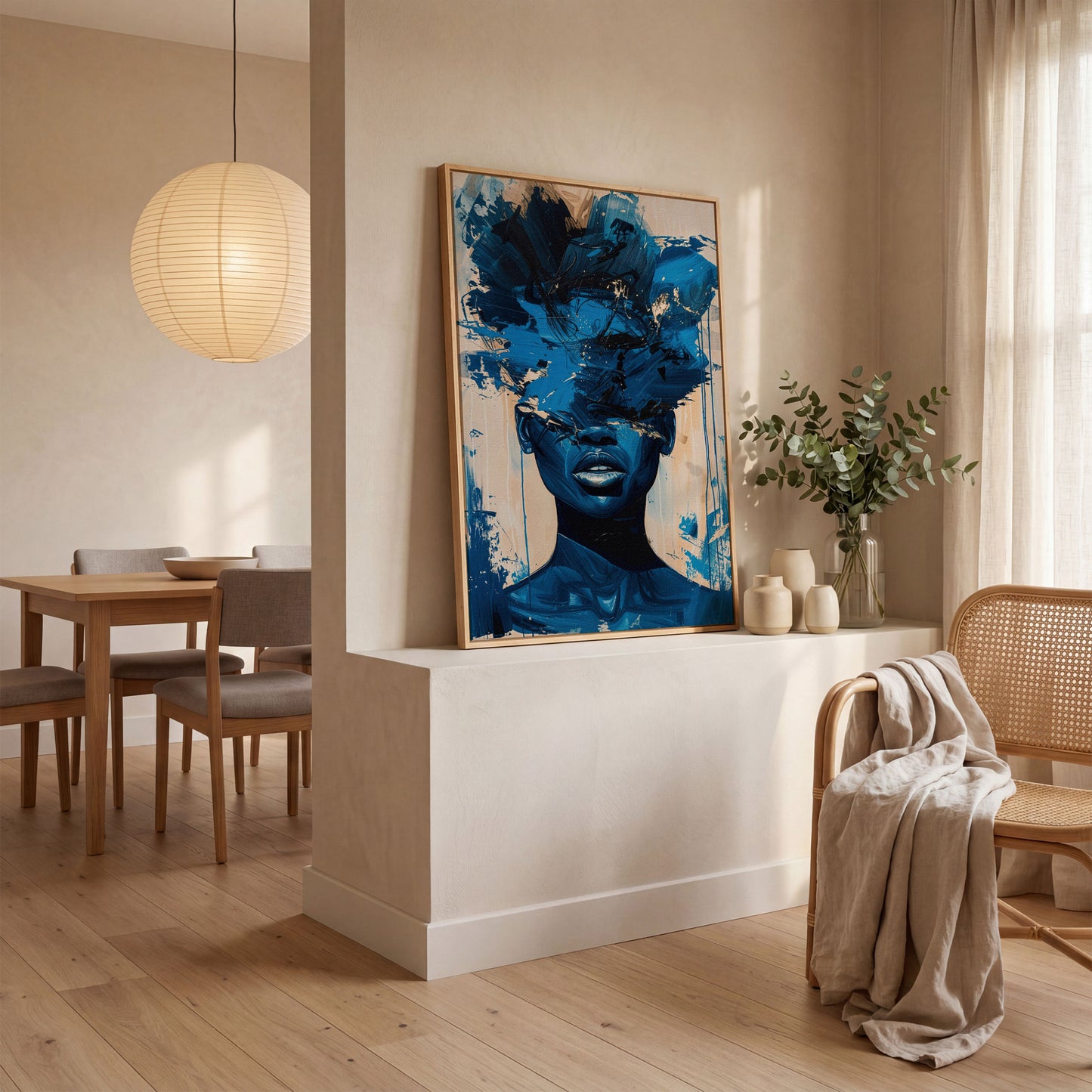 Abstract Female Face Canvas Wall Art, Blue Fluid Figurative Portrait in white oak floating frame