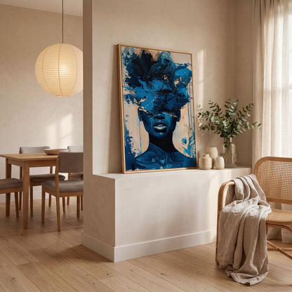 Abstract Female Face Canvas Wall Art, Blue Fluid Figurative Portrait in white oak floating frame