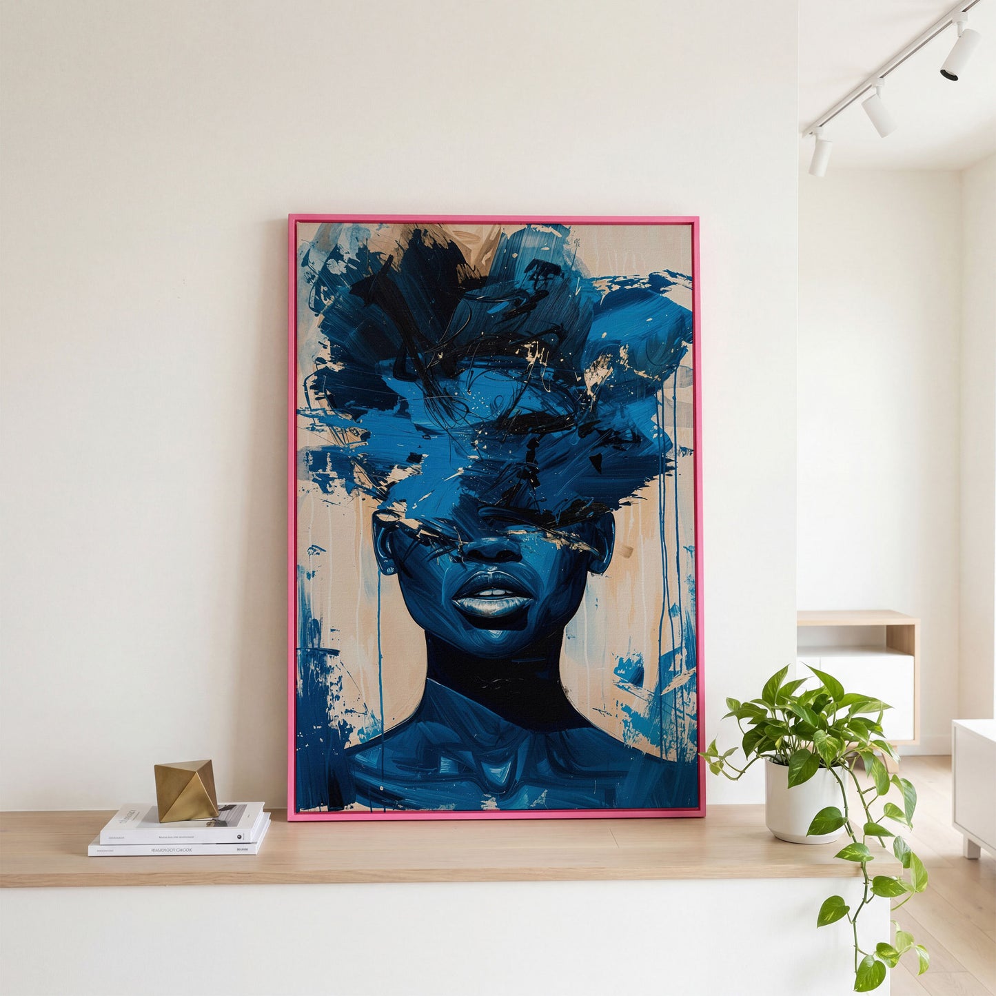 Abstract Female Face Canvas Wall Art, Blue Fluid Figurative Portrait in pink floating frame