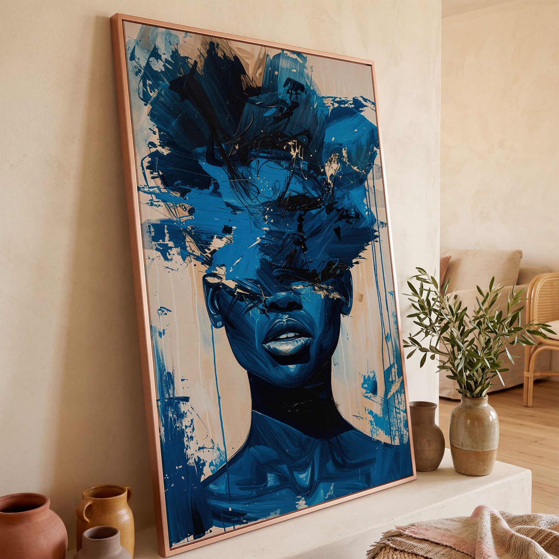 Abstract Female Face Canvas Wall Art, Blue Fluid Figurative Portrait in rose gold floating frame