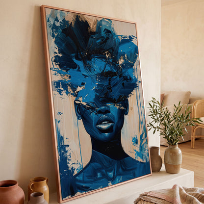Abstract Female Face Canvas Wall Art, Blue Fluid Figurative Portrait in rose gold floating frame