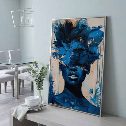 Abstract Female Face Canvas Wall Art, Blue Fluid Figurative Portrait in silver floating frame
