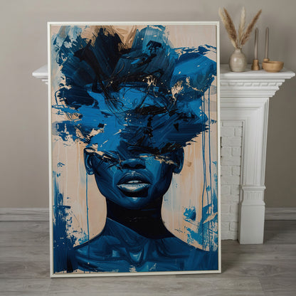 Abstract Female Face Canvas Wall Art, Blue Fluid Figurative Portrait in white floating frame