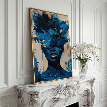 Abstract Female Face Canvas Wall Art, Blue Fluid Figurative Portrait in yellow gold floating frame