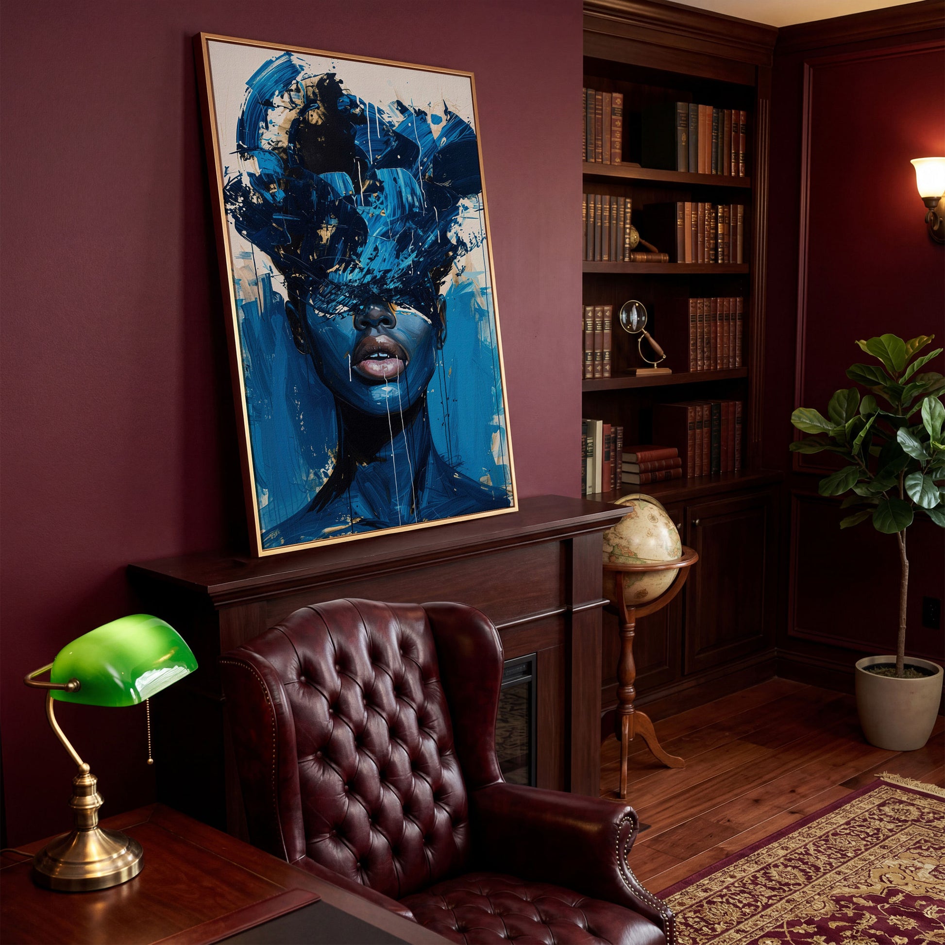 Blue Abstract Woman Portrait Canvas Art with Expressive Brushstrokes in antique gold floating frame
