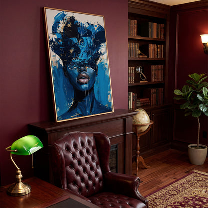 Blue Abstract Woman Portrait Canvas Art with Expressive Brushstrokes in antique gold floating frame