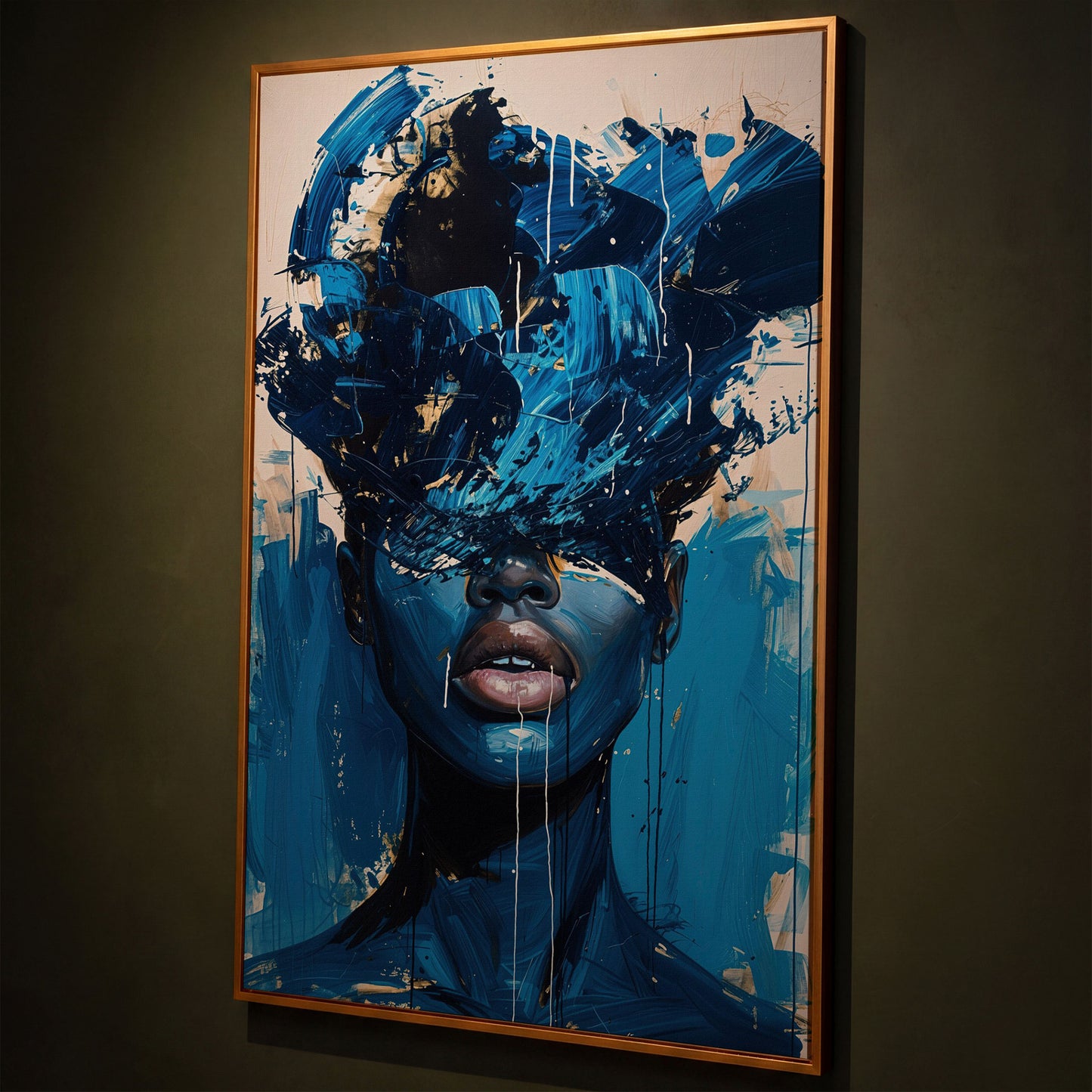 Blue Abstract Woman Portrait Canvas Art with Expressive Brushstrokes shown in antique gold floating frame