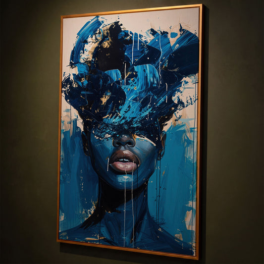Blue Abstract Woman Portrait Canvas Art with Expressive Brushstrokes shown in antique gold floating frame