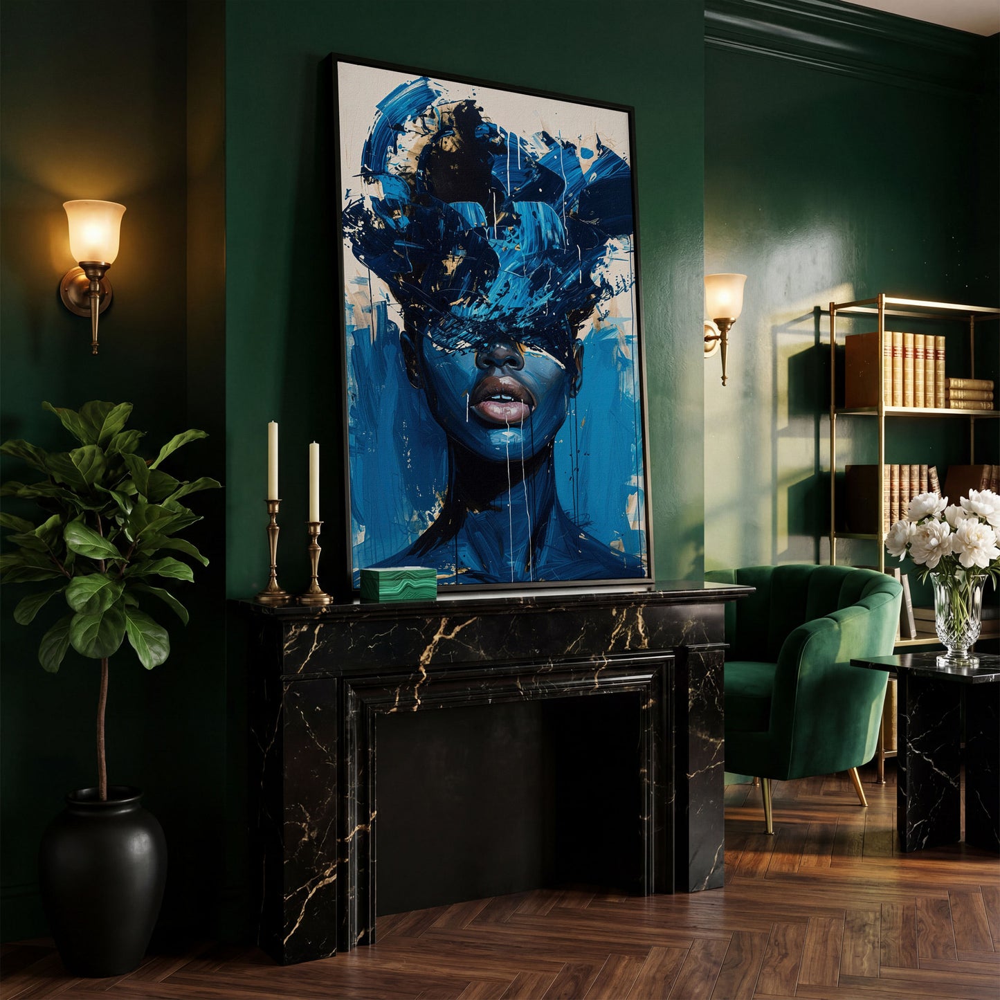Blue Abstract Woman Portrait Canvas Art with Expressive Brushstrokes in black floating frame