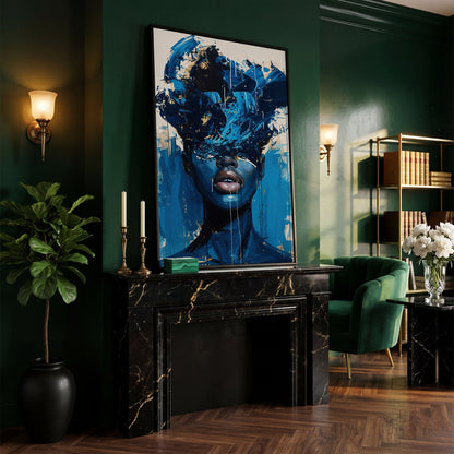 Blue Abstract Woman Portrait Canvas Art with Expressive Brushstrokes in black floating frame