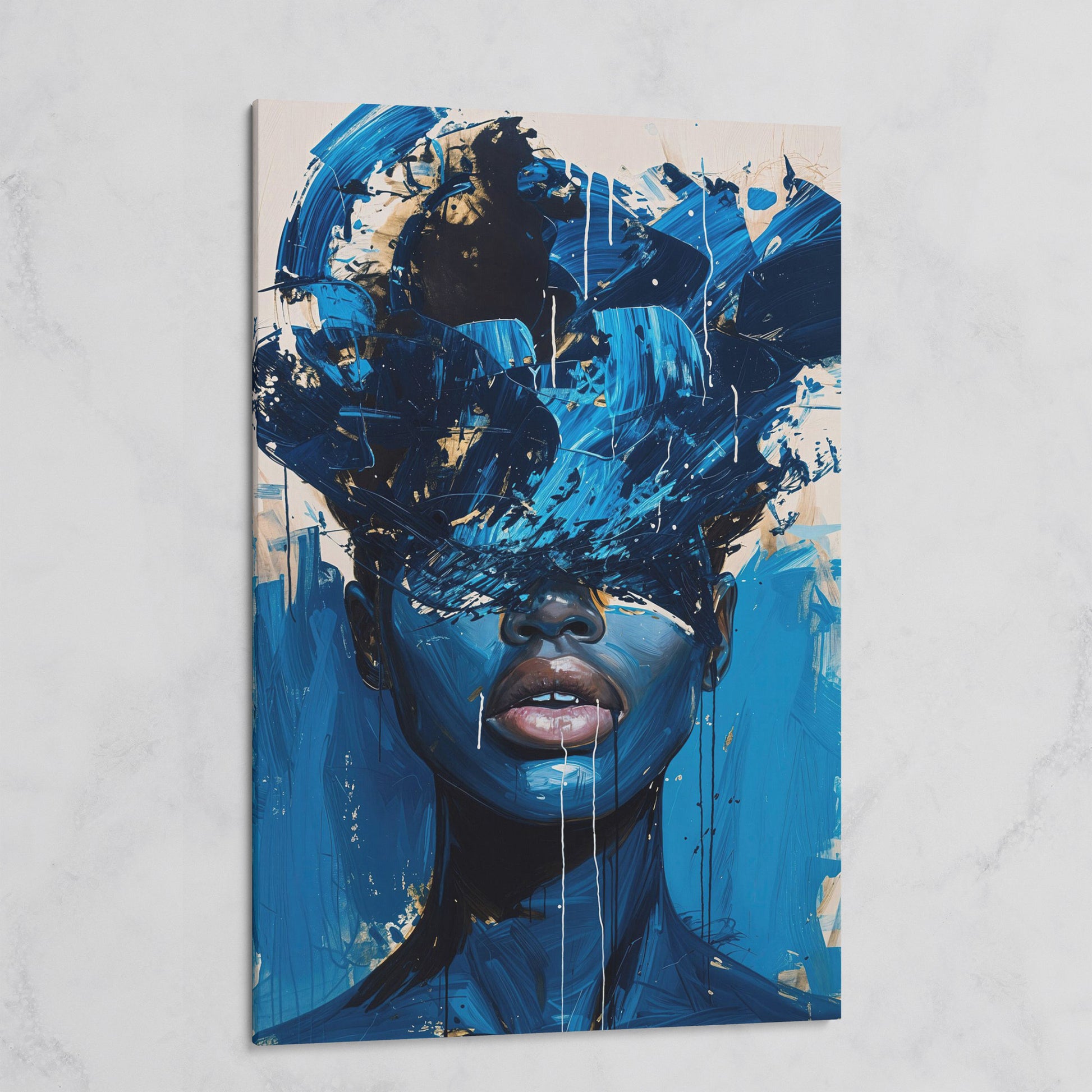 Blue Abstract Woman Portrait Canvas Art with Expressive Brushstrokes on gallery wrap