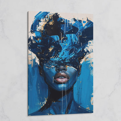 Blue Abstract Woman Portrait Canvas Art with Expressive Brushstrokes on gallery wrap