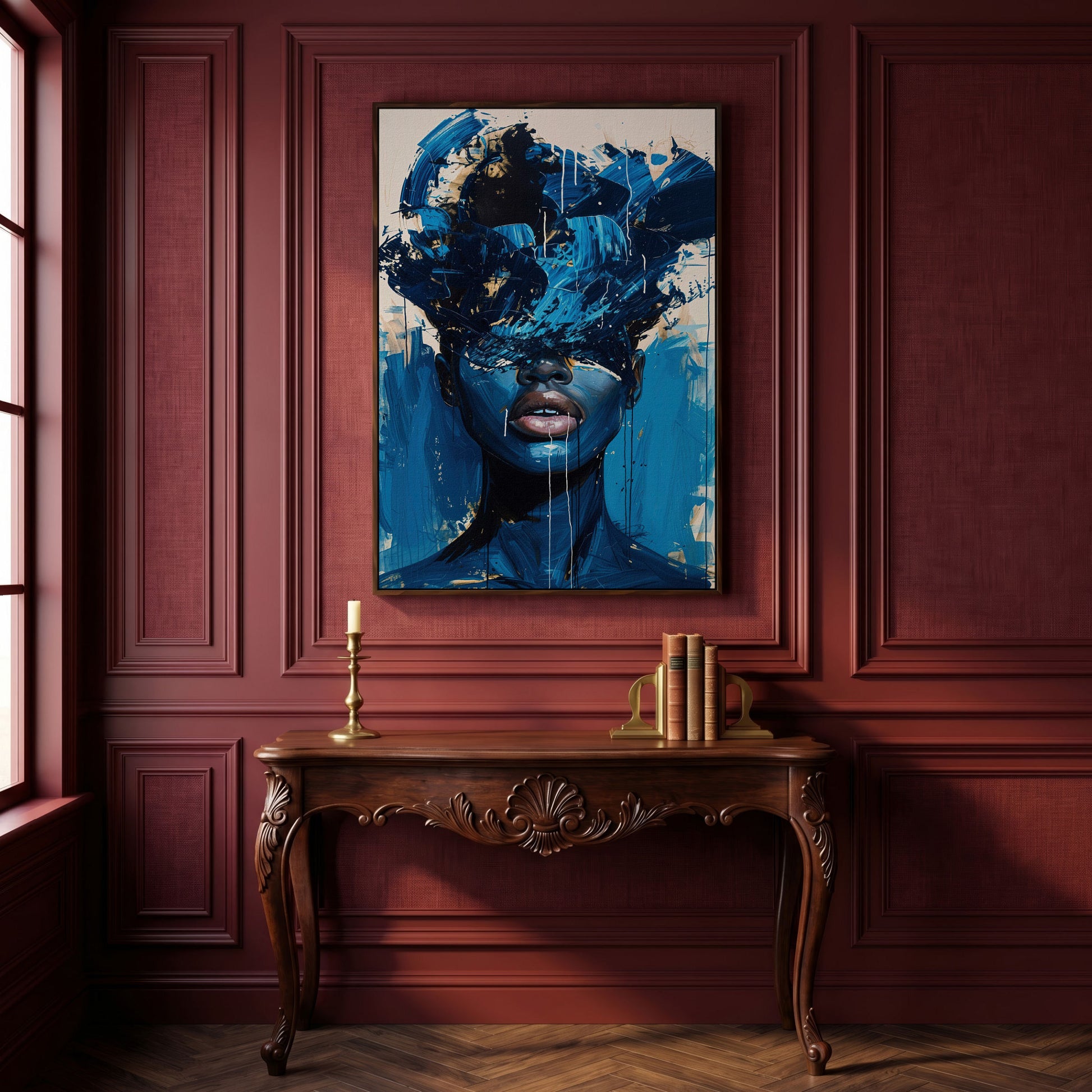 Blue Abstract Woman Portrait Canvas Art with Expressive Brushstrokes in dark walnut floating frame