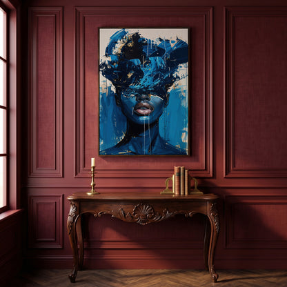 Blue Abstract Woman Portrait Canvas Art with Expressive Brushstrokes in dark walnut floating frame