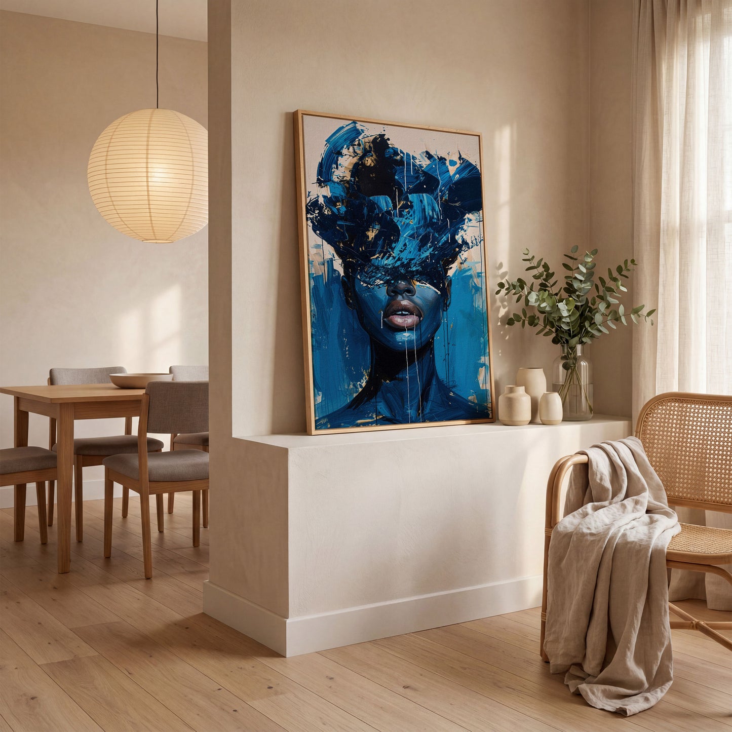 Blue Abstract Woman Portrait Canvas Art with Expressive Brushstrokes in white oak floating frame