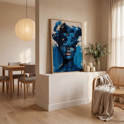 Blue Abstract Woman Portrait Canvas Art with Expressive Brushstrokes in white oak floating frame