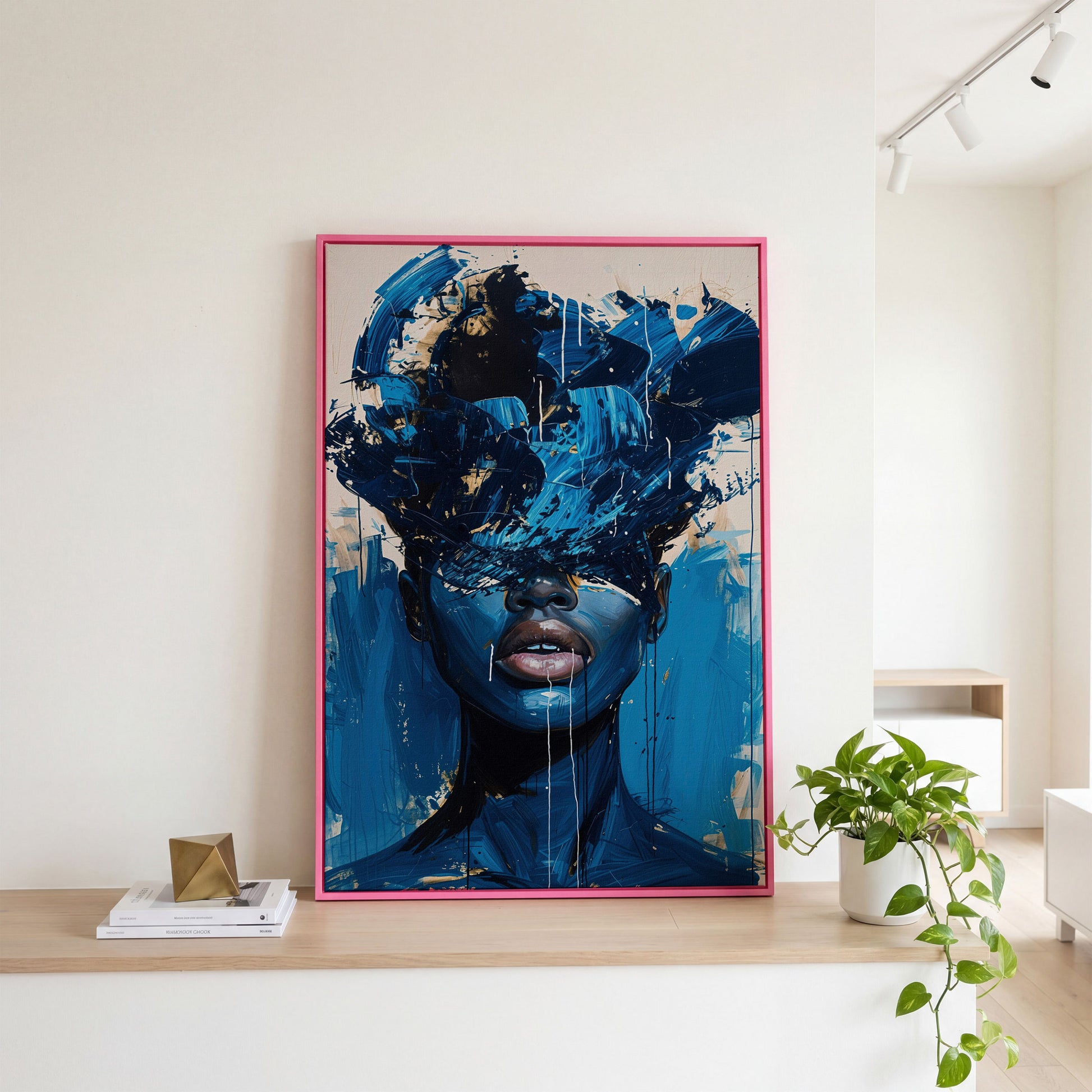 Blue Abstract Woman Portrait Canvas Art with Expressive Brushstrokes in pink floating frame